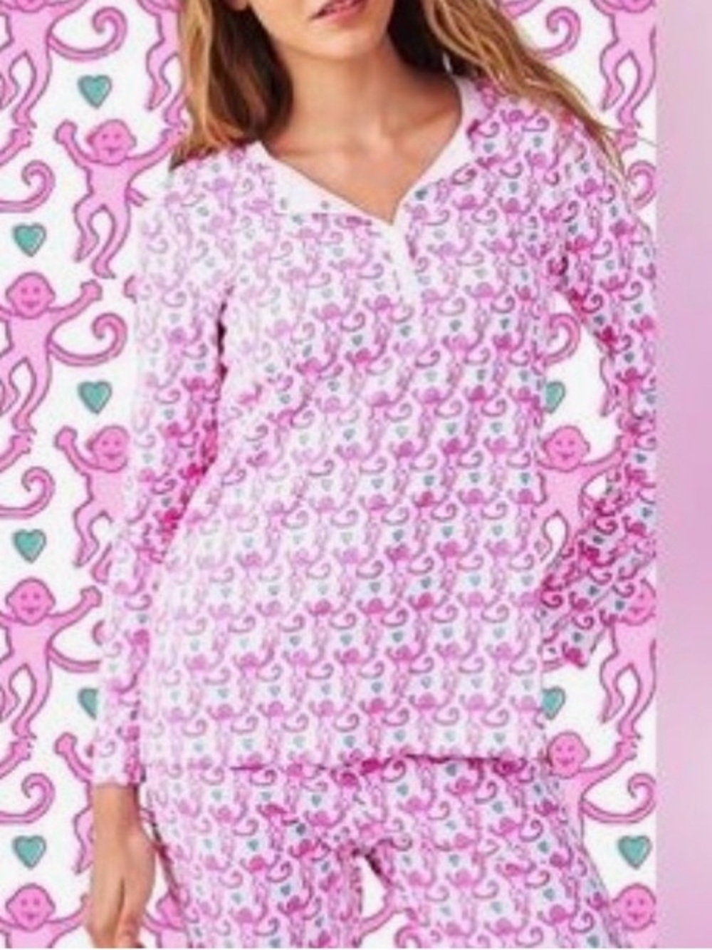 Roller Rabbit Bubblegum Monkey Print Pajama Set with Teal Hearts NEW XS details